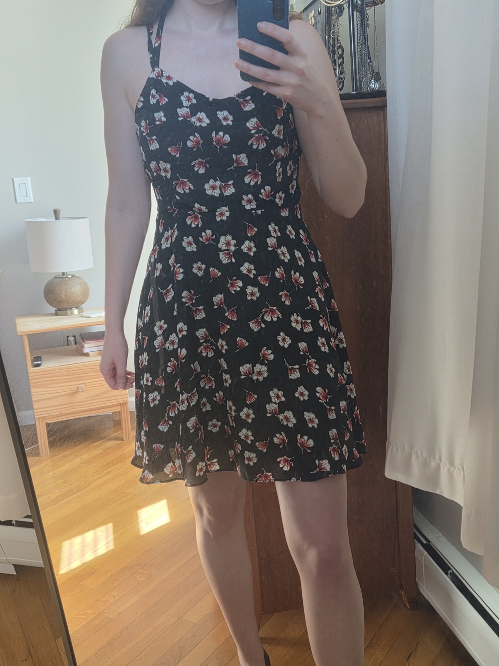 Ya Los Angeles Black Floral Midi Dress with Red & White Blooms